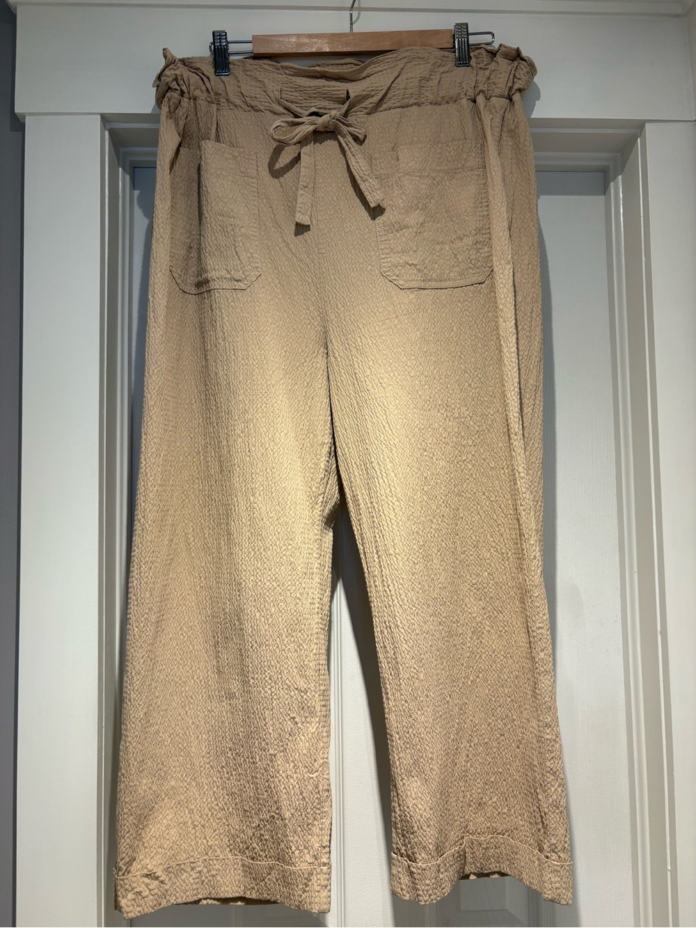 Zara Cropped Wide-Leg Drawstring Pants in Light Khaki
